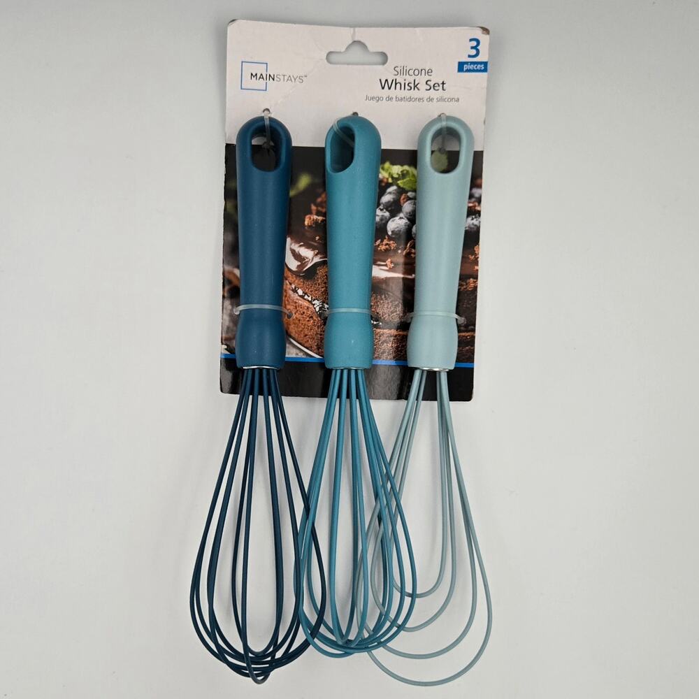 Mainstay 3-Piece Blue Silicone Whisk Set 2 Traditional 1 Flat NEW IN PACKAGE